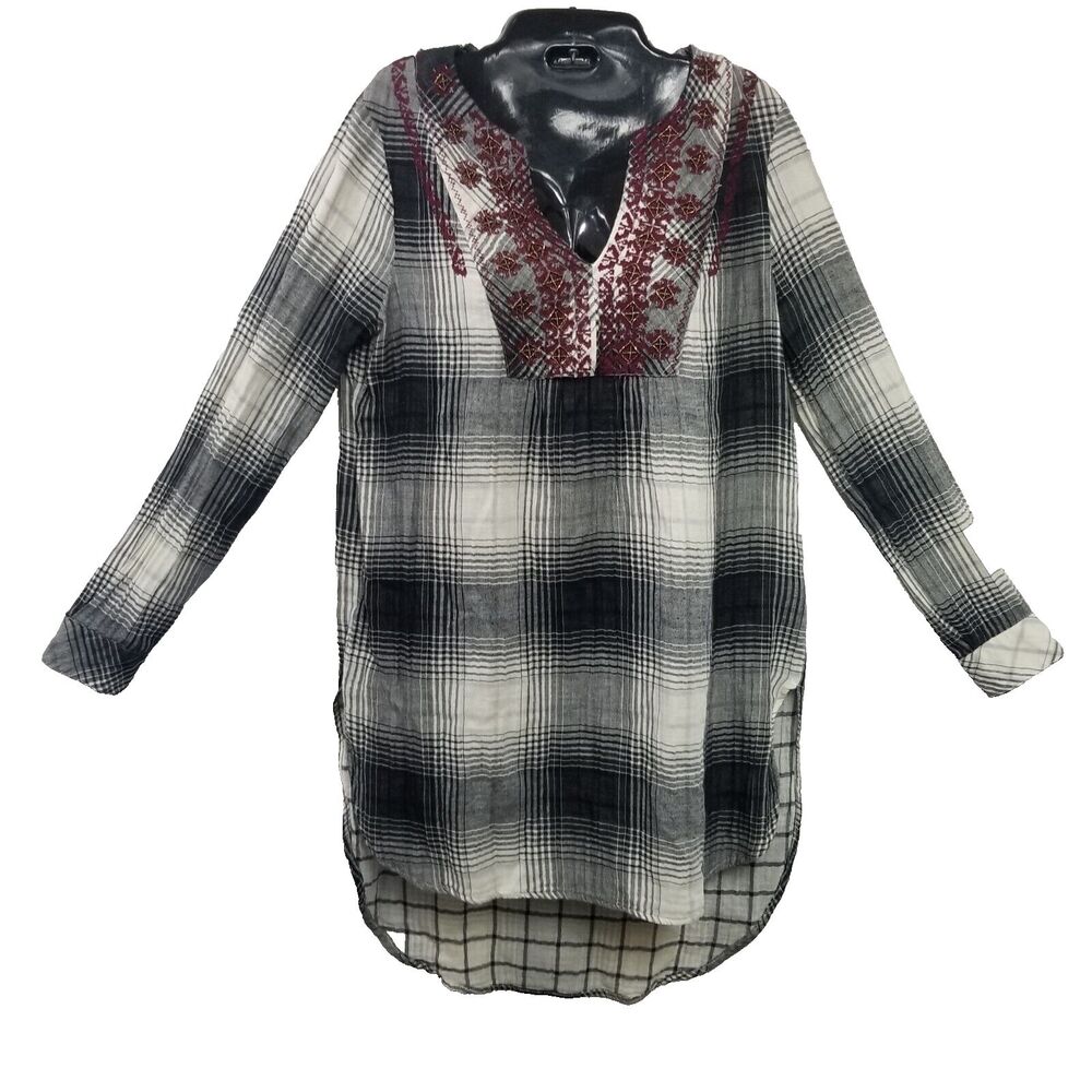 Anthropologie Floreat Plaid Beaded Embroidered Boho Tunic Top Size X Small